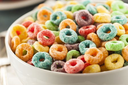 closeup of bowl of fruit ring cereal