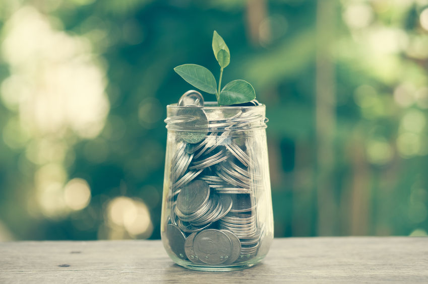 Jar full of coins with plant sprouting out of top